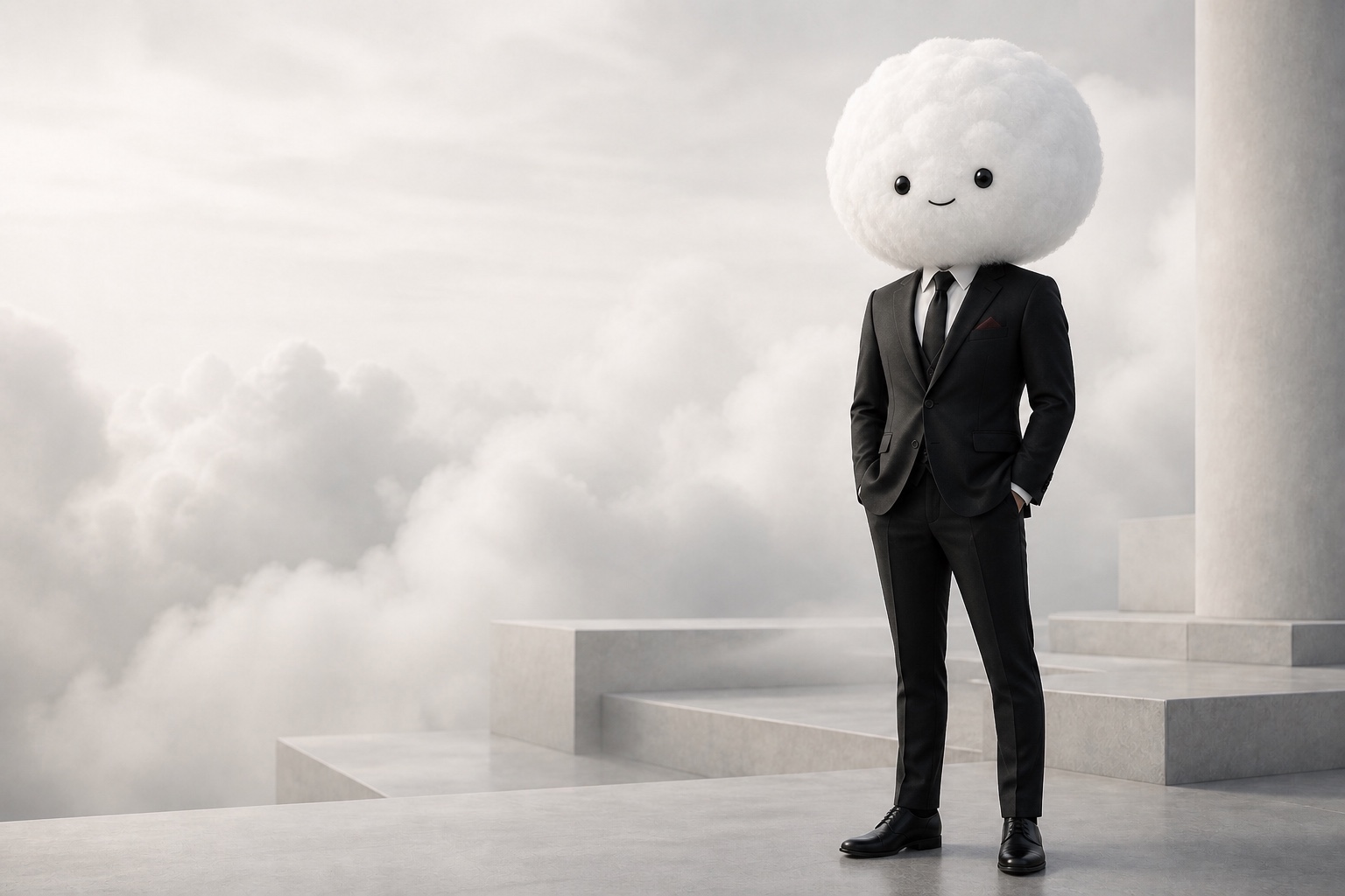 A fluffy white Automutiny mascot wearing a black suit in a pale cloud environment